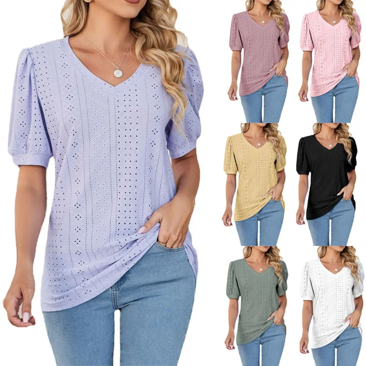 

Women Summer Top 2024 New Women's T-shirt Hollow Round Neck Ruffled Edges Soft Comfy Tees Women's Summer Top Casual T-shirt
