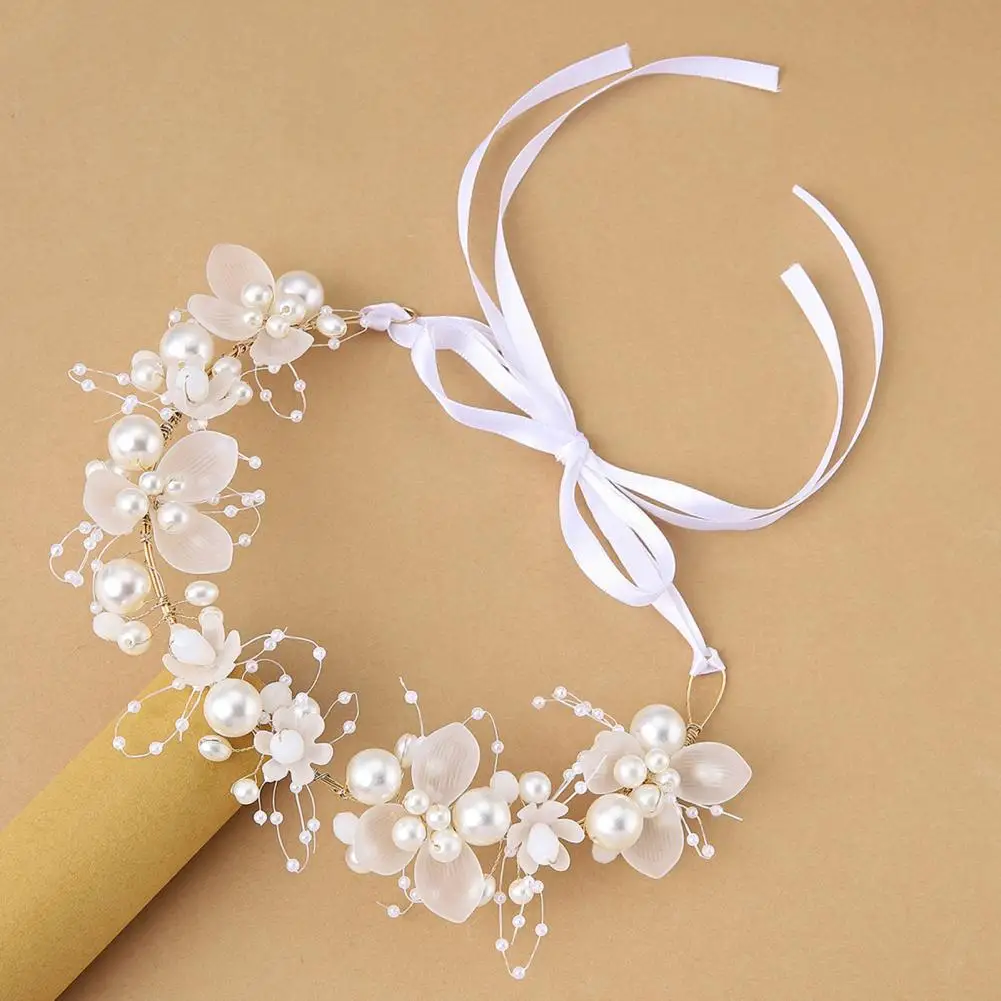 Exquisite Girls Headband Ribbon Lace-up Headpieces Headband Garland Flower Leaves Faux Pearls Decor Kids Princess Crown