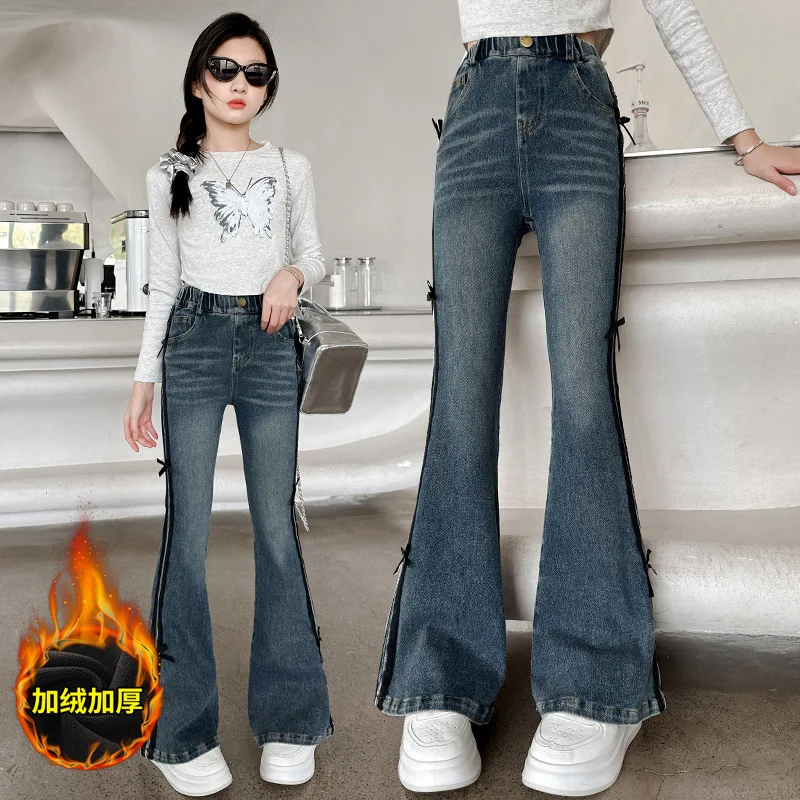 Kids Winter Slim Fit Bootcut Flannel Lined Jeans for Girls Elegant Insulated Flared Denim Pants Children Warm Thermal Trousers
