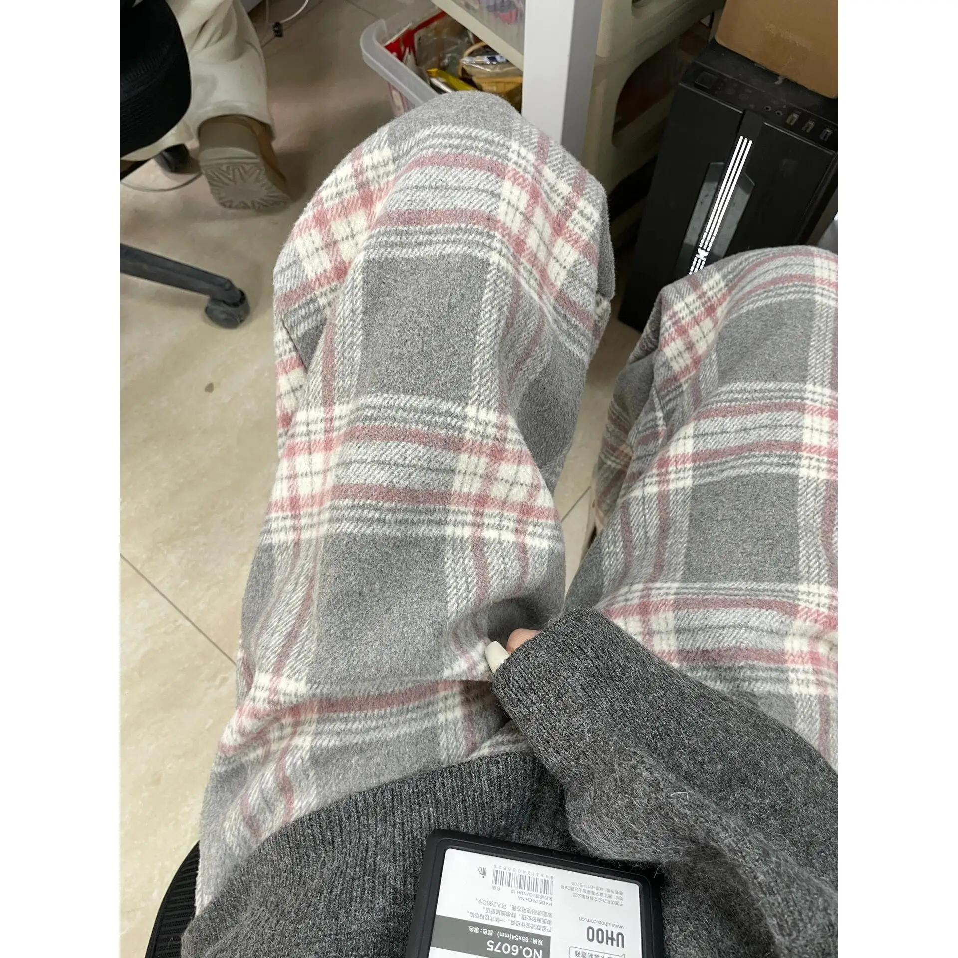 Luźne spodnie damskie z szerokimi nogawkami w kratę z wełny, plus size, proste, długie, jesienno-zimowe, modne, plus size.