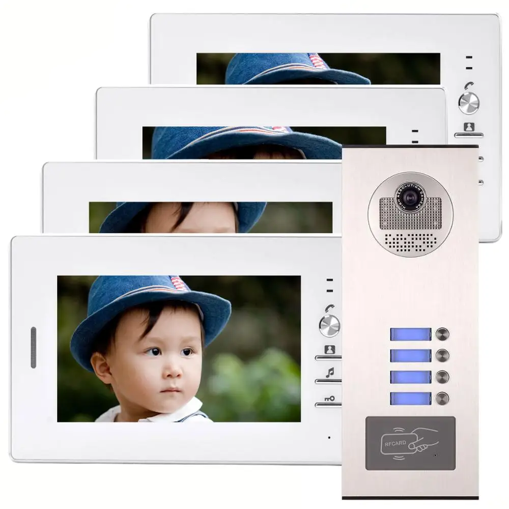 

Multi Family Wired Video Door Phone RFID Audio Visual Intercom System 4 Monitor 1 Camera