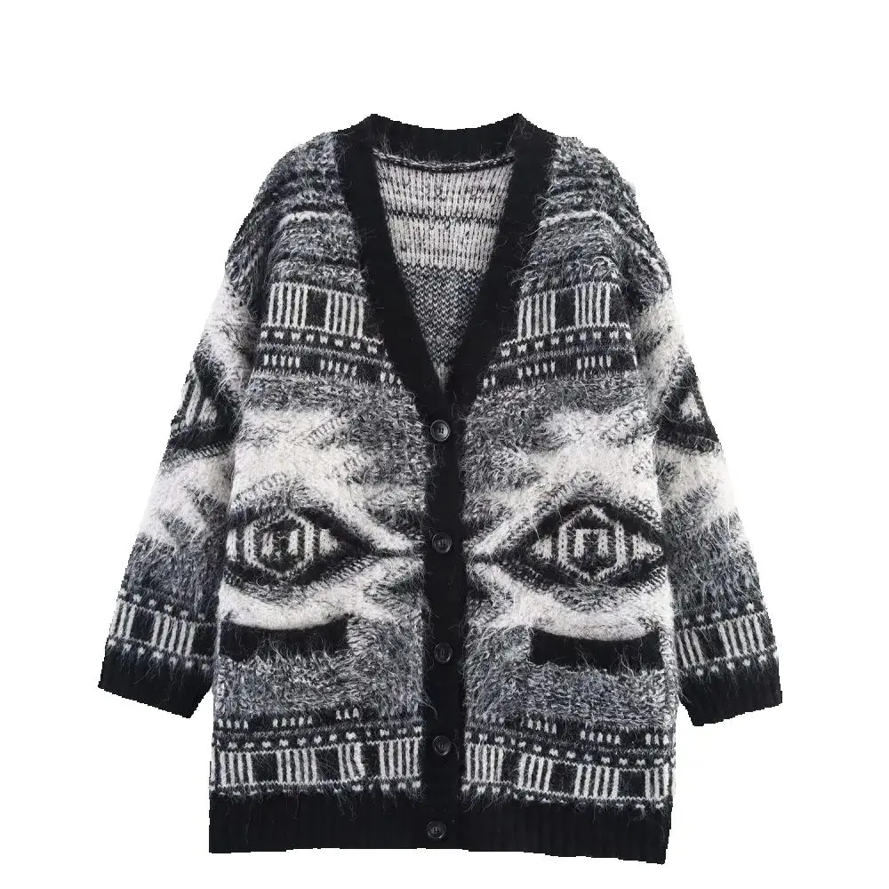 

Женский жаккардовый свободный вязаный свитер с v-образным вырезом и длинными рукавами на пуговицах, осень/зима, новый модный кардиган