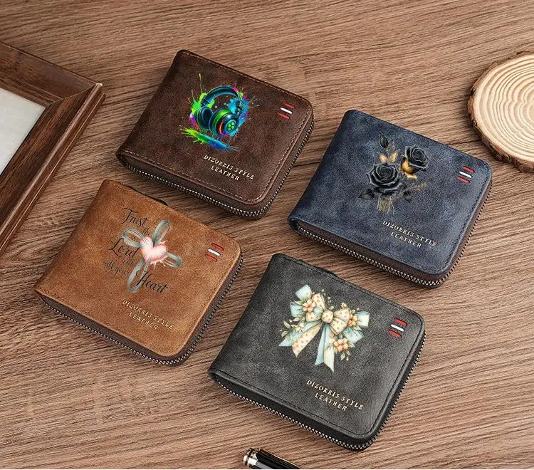 Rose Music Butterfly Cross Men's Vintage Short Wallet Zipper Coin Purse Casual Buckle Waist Chain Money Bag For Students Gift