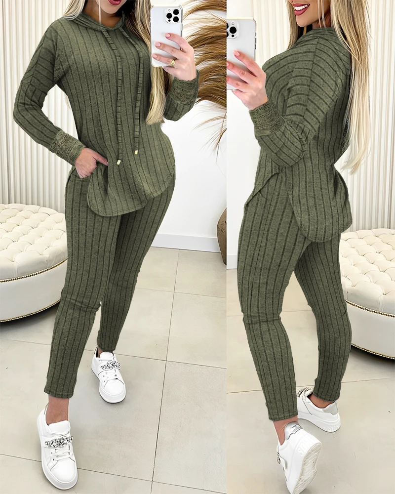 

2 Piece Set for Women Sweatsuits for Women Ribbed Hooded Top & Pocket Design Slim Fit Pants Sets