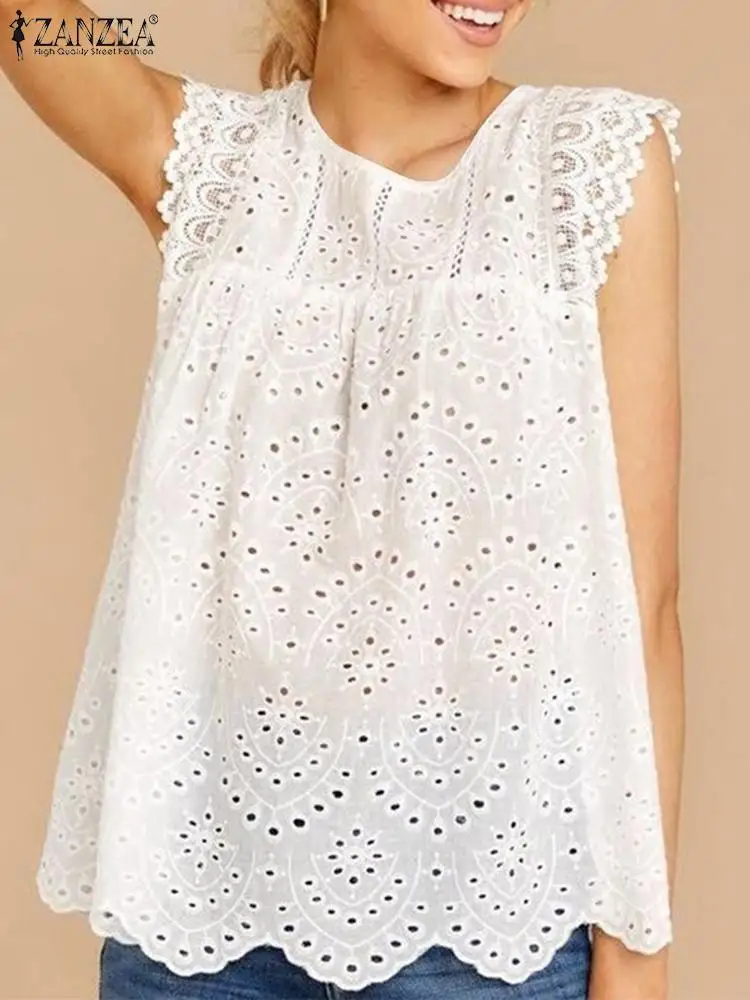 Fashion Sleeveless Lace Crochet Blouse ZANZEA Summer Women Tanks Tops Bohemian Holiday Shirt Elegant Camis Casual Loose Chemise