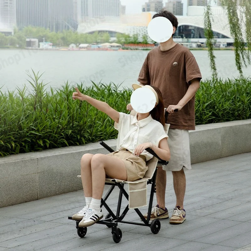 Outdoor Folding Chair Cart, Portable Reclining Lounge for Camping Travel, Elderly Mobility Car