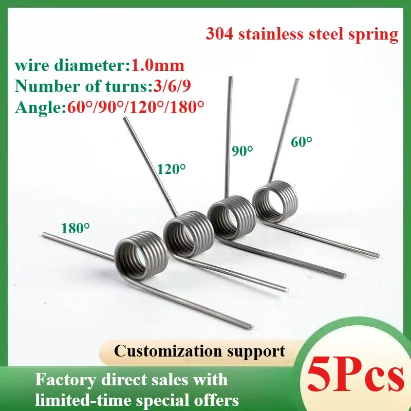 304 Stainless Steel Small Torsion Spring Hairpin Spring 180/120/90/60 Degree Torsion Spring Wire Diameter 1.0mm 5PCS