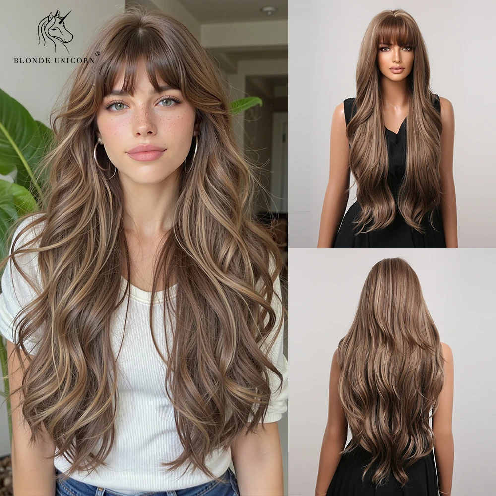 Long Wavy Brown Ombre Wig with Bangs Heat Resistant Synthetic Wig Natural Body Wave for Women Daily Party Cosplay Use