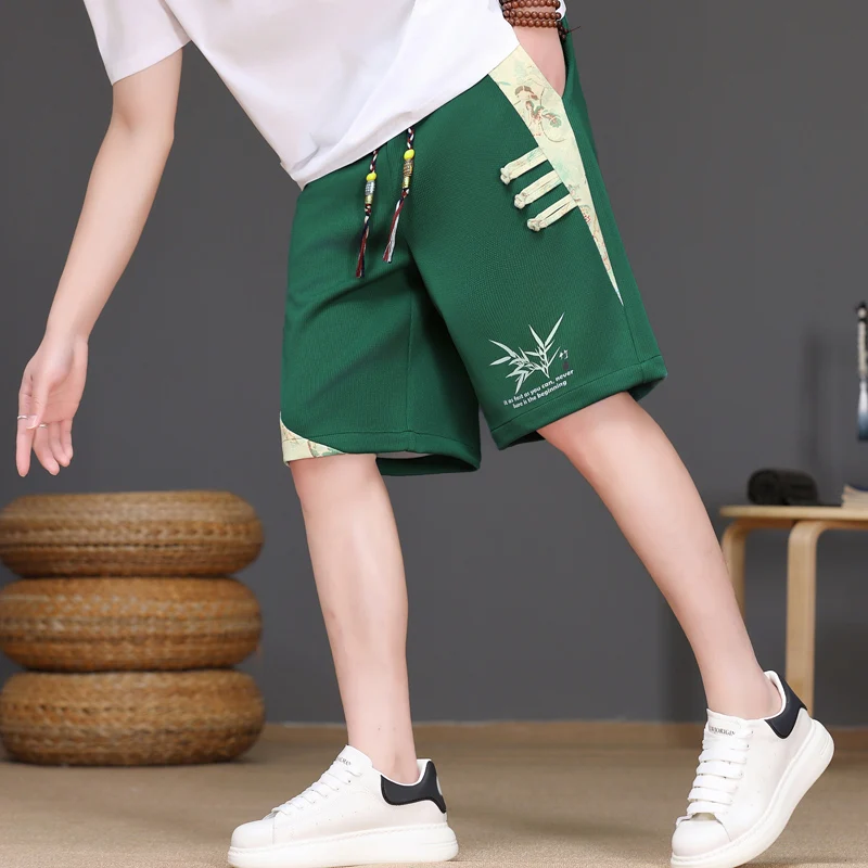 

New Chinese Style Ice Silk Men's Shorts Summer Thin Straight Tube Five-Quarter Loose Casual Versatile Breathable Elastic Waist