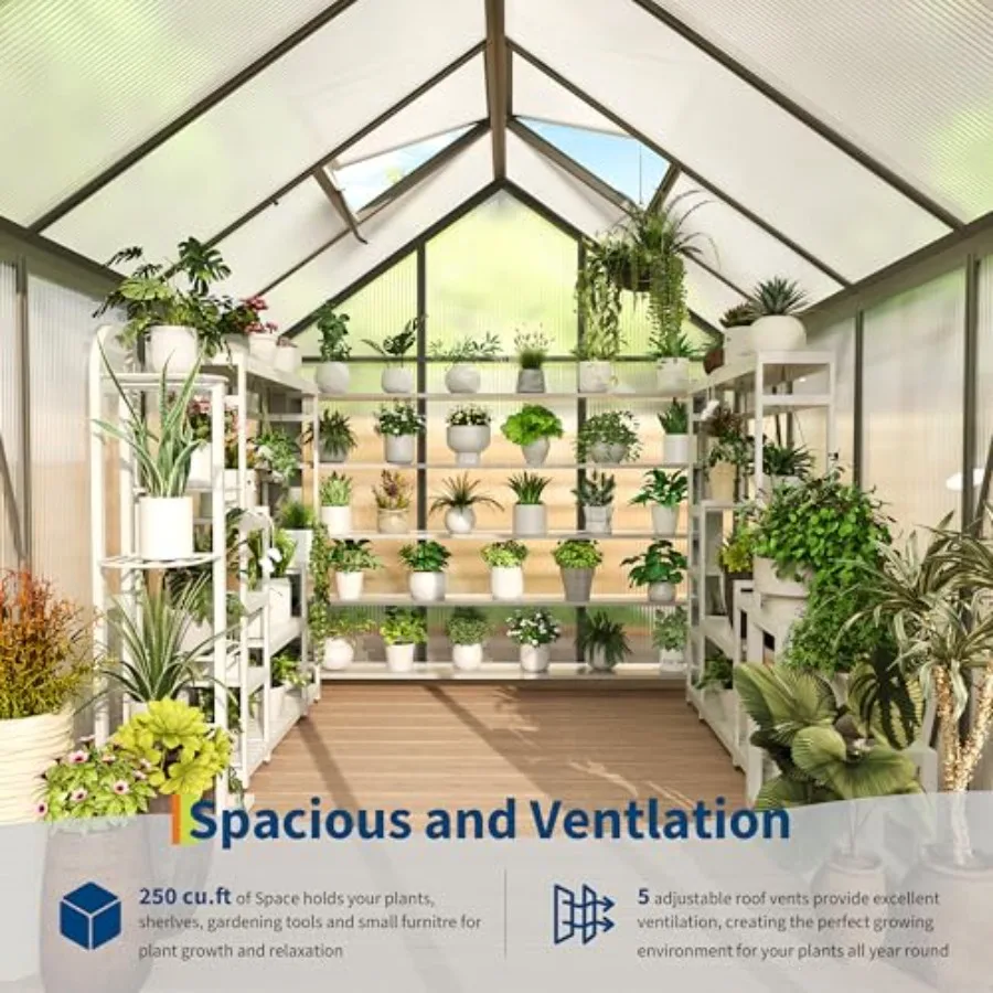 Polycarbonate Greenhouse 6x8 Ft - Free-Standing Greenhouse for Outdoors with Rust-Resistant Aluminum Frame, Gutter System and R