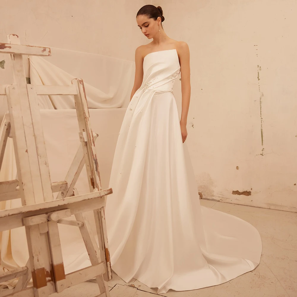 

Modern Civil Wedding Dresses Crepe Fabric A-line Wedding Party Dress Ivory Strapless Pleat Pearls Ruched Train Wedding Dress