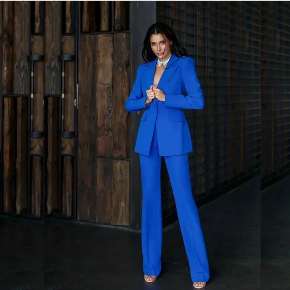 

Женский костюм из двух предметов, королевский синий, однотонный, тонкий, на одной пуговице, для свадьбы, бизнеса, работы, офиса, повседневного повседневного комплекта, блейзер + брюки