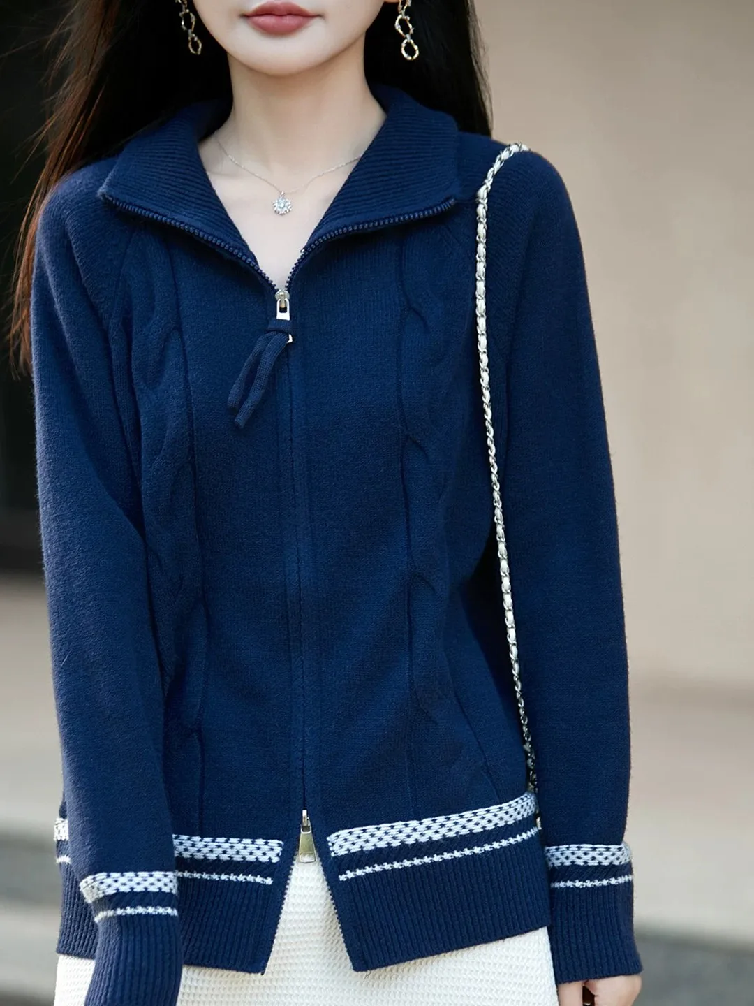Loose Women's Knitted Cardigan Sweater Zipper Neck Design Autumn Winter Fashion Casual Style Polyester Fiber Long Sleeve Top