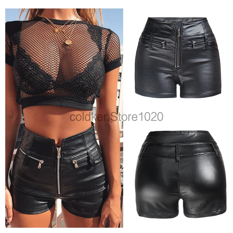 

2024 Women Sexy Pu Leather Shorts Summer Fashion Black Zipper High Waisted Hot Pants Female Y2k Slim Hip Lift Shorts Clubwear