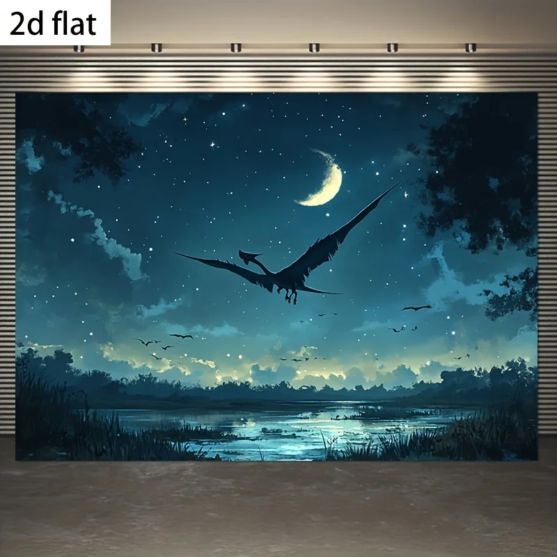 نسيج الزواحف الليلية النابضة بالحياة - تصميم الزواحف المجنحة الساحرة مع اكتمال القمر والنجوم، مثالي لديكور المنزل والحفلات،