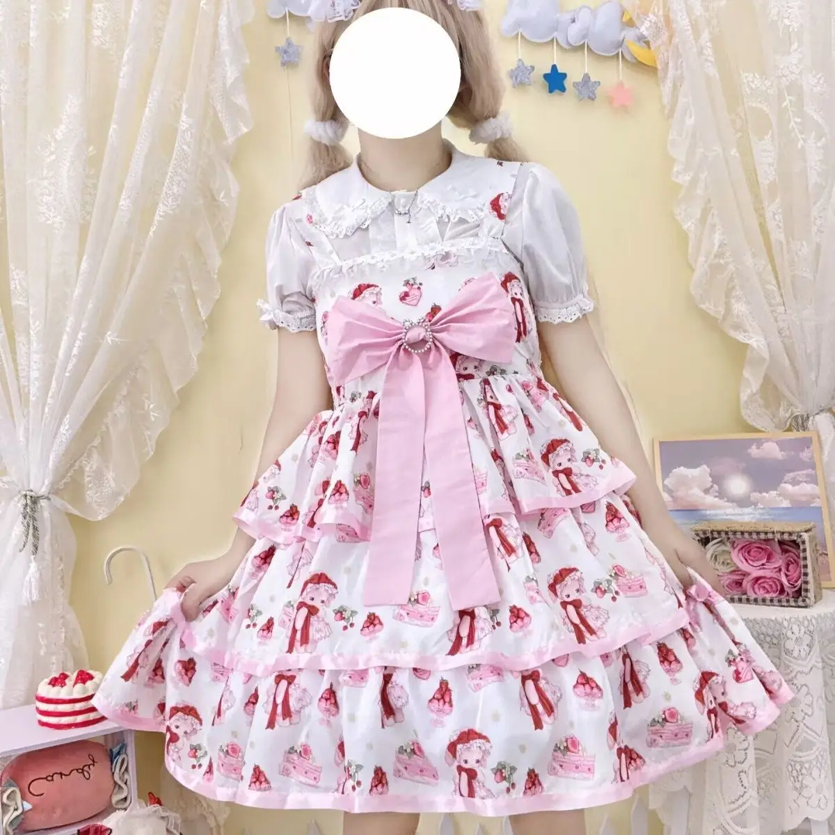 

Kawaii Cartoon Bunny Lolita Jsk Dress Girl Dress Ruffles Sweet Jsk Cute Sleeveless Cosplay Princess Tea Party Dress