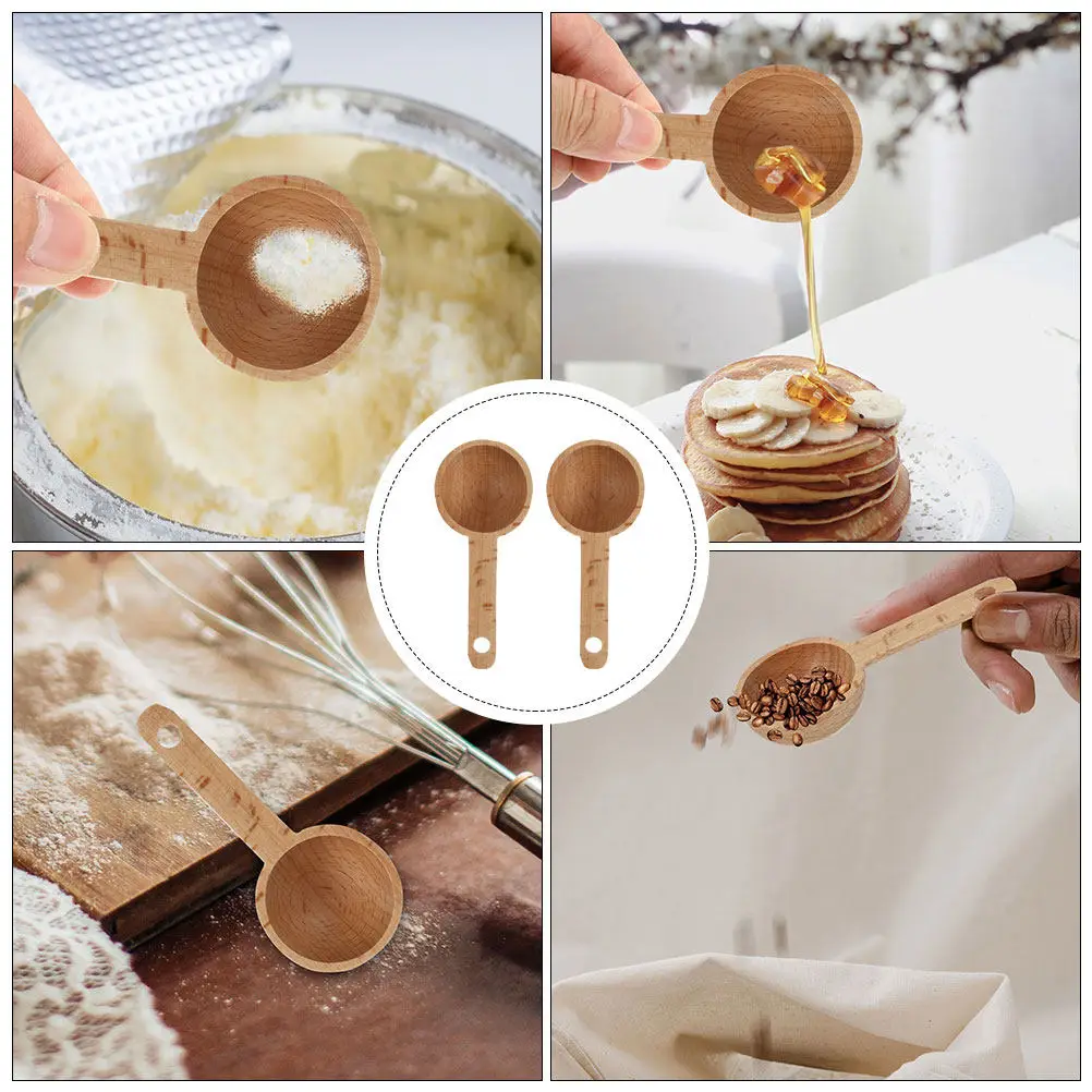 2Pcs Handcrafted Beech Wood Measuring Spoon Rustic Simple Design for Coffee Scooping Powder Measuring Restaurant Home Kitchen