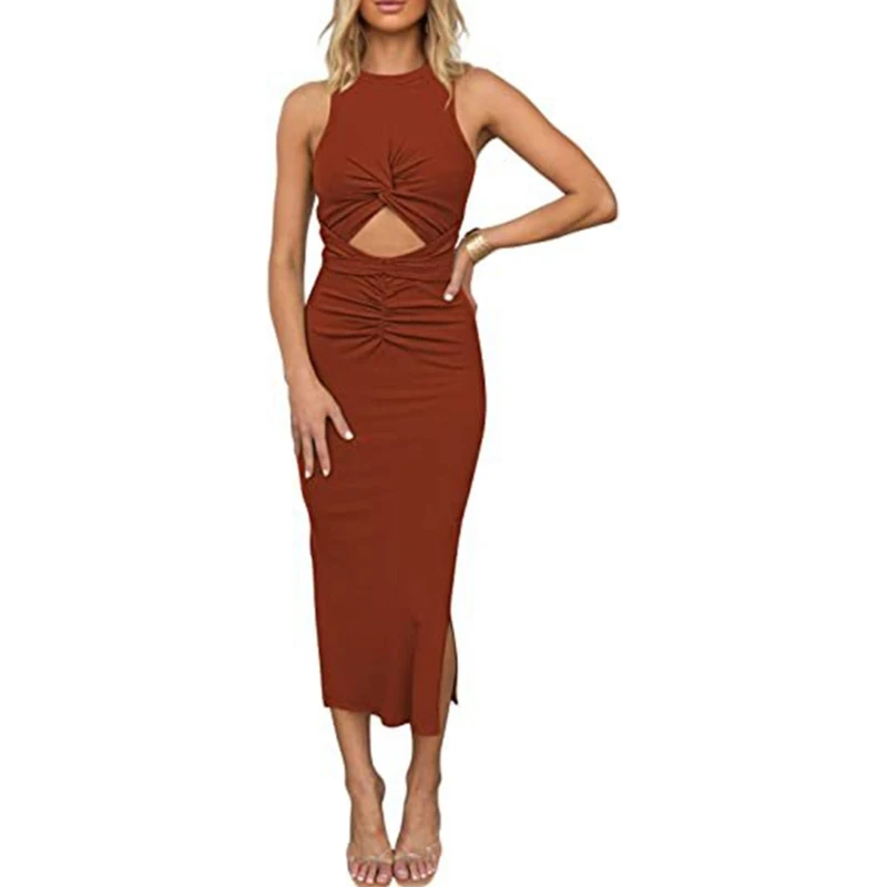 Women Bodycon Dress Wrap Split Midi Dress Midriff Cutout Dress Twist Ruched Dress Slit Bodycon Ruched Wrap Dress