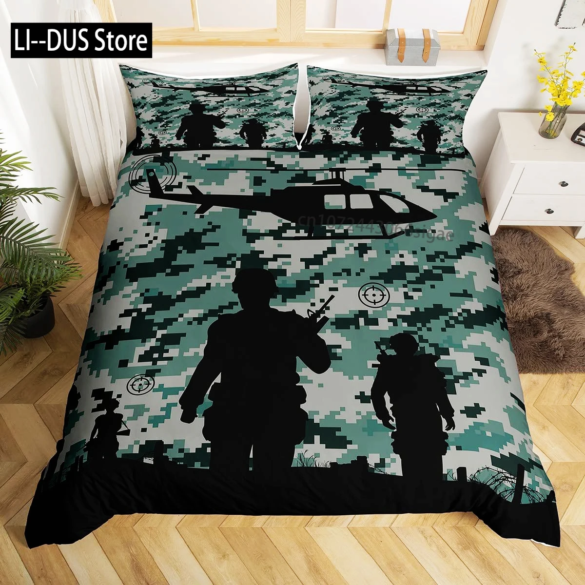 Soldat Bettbezug-Set, King-Size-Bett, Soldat, Hubschrauber, Silhouette, Bettwäsche-Set, Mikrofaser, 2/3-teilig, grün, schwarz, Militär-Bettbezug