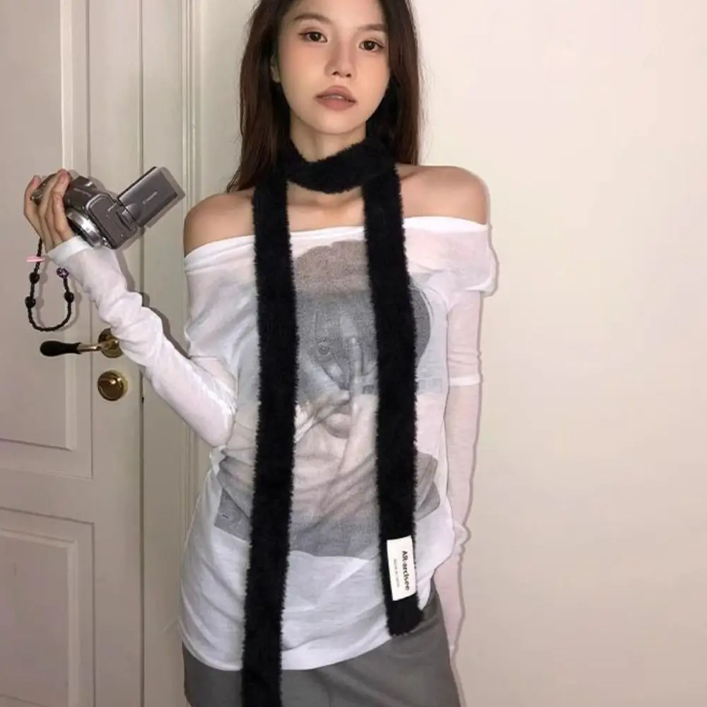 بسيطة بلون شال صوف Harajuku Y2K وشاح محبوك الشريط الدفء طويل الأوشحة الضيقة الشارع الشهير #2