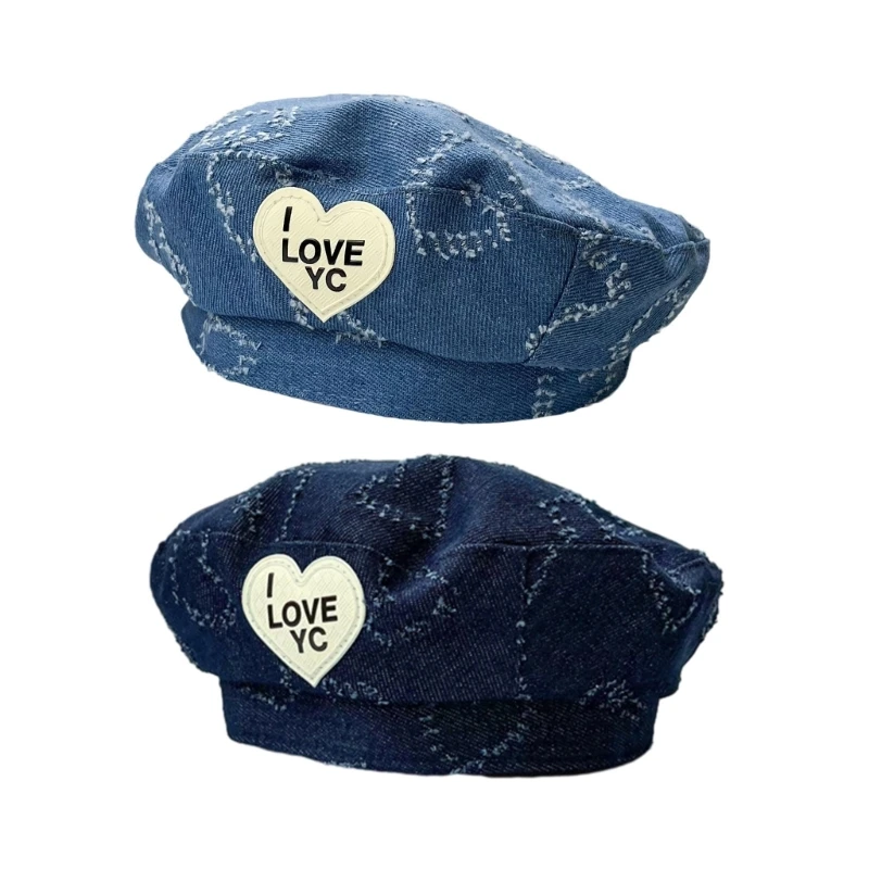 Kids Denims Hat with Lovely Heart Pattern Artist Warm for Girls