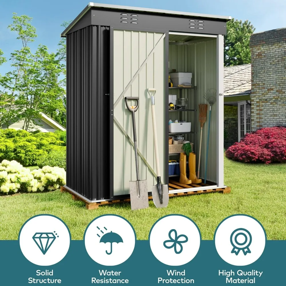 5 'x 3' Outdoor Storage Shed with Double Lockable Doors, Anti-Corrosion Garden Shed, Waterproof Shed Outdoor Storage Clearance