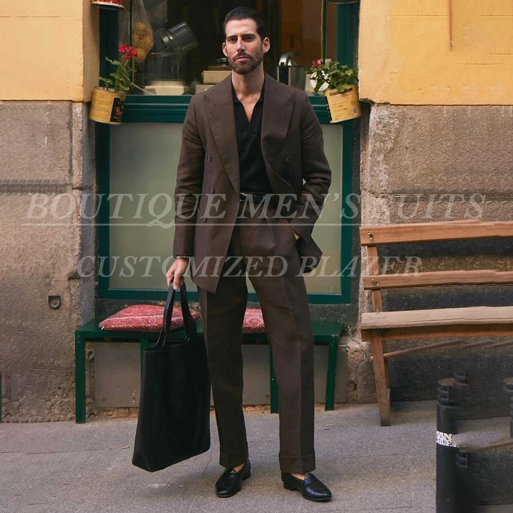 

Elegant Business Men's Brown Suits Formal Double Breasted Peak Lapel Slim Fit 2 Piece Jacket Pants Outfits Blazer Fashion Sets