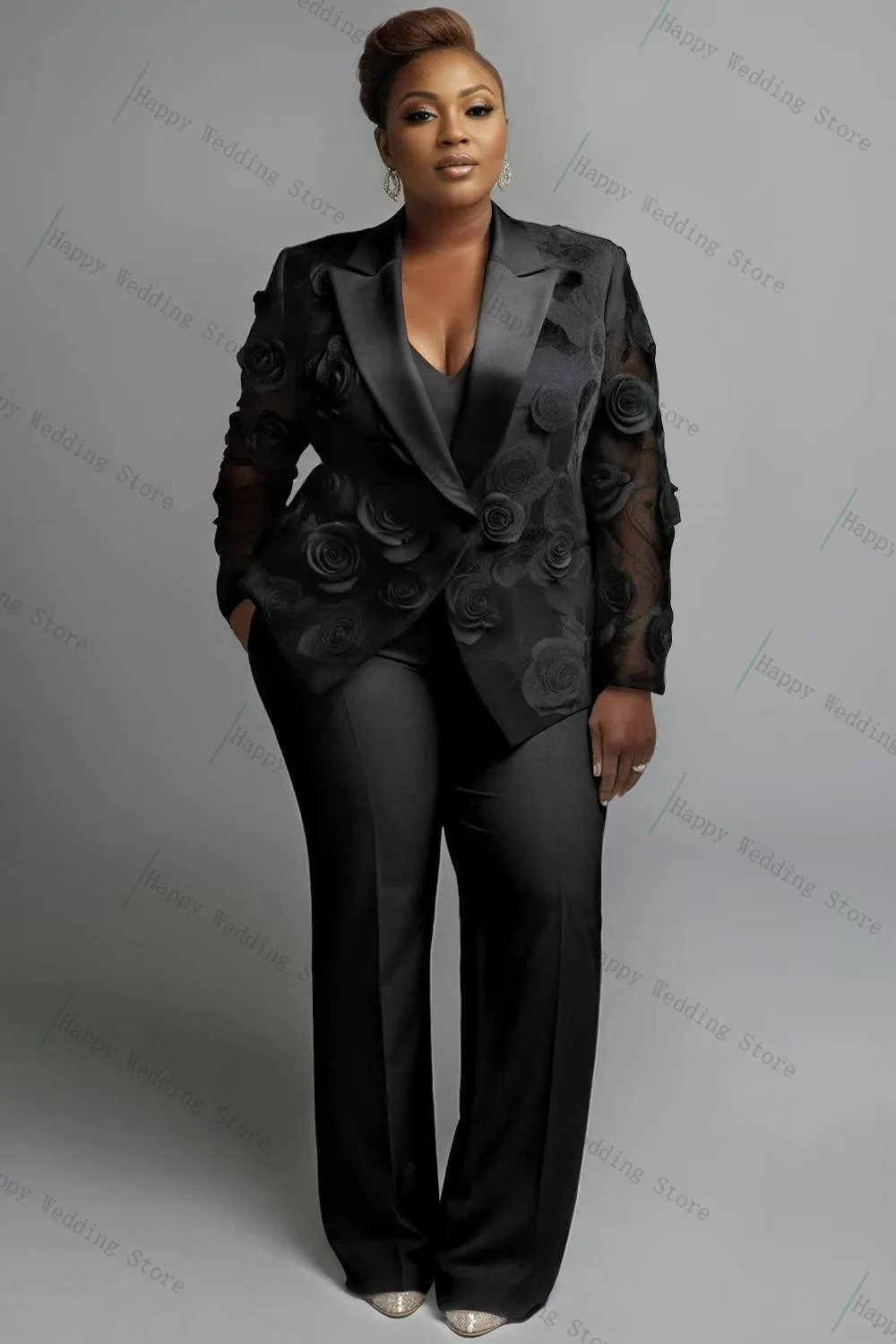 

Black Women Suit Set 2 Pcs Blazer+Pant 3D Flower Plus Size Formal Office Lady Jacket Customized Cotton Wedding Guest Prom Coat