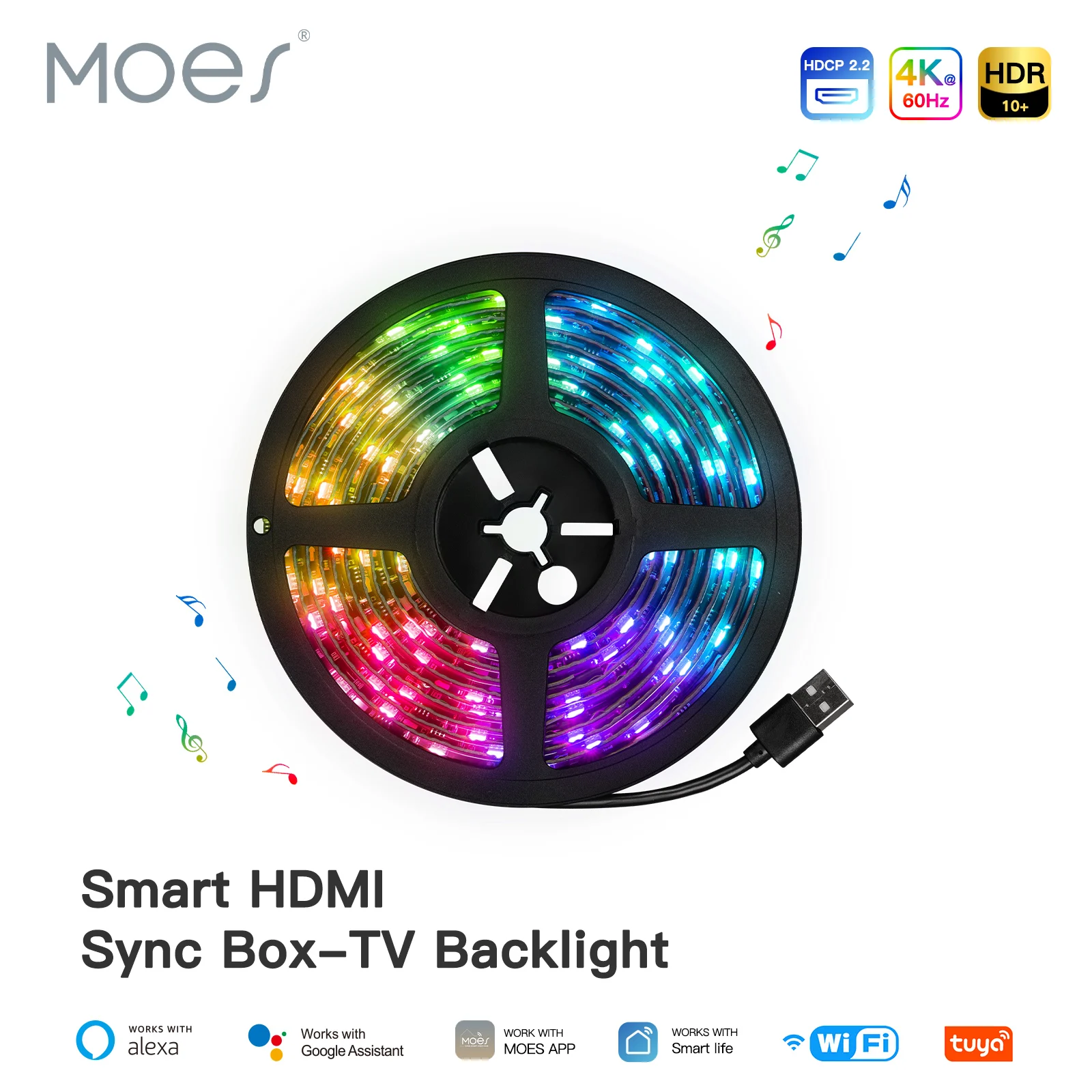 MOES Wifi Smart Ambient Lighting TV Backlight HDMI 2.0 Device Sync Box Led Strip Lights Kit Alexa Voice Google Assistant Control