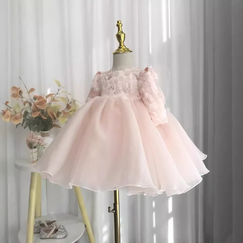 Korean Style Baby Girl First Birthday DressGirl Wedding Party Host Pageant Outfit Long Sleeve Puffy Tulle Princess Gown Flower