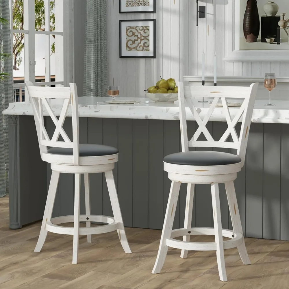 Counter Height Swivel Bar Stools - High Back Swivel Counter Stools with Upholstered Seat & Solid Wood Footrest