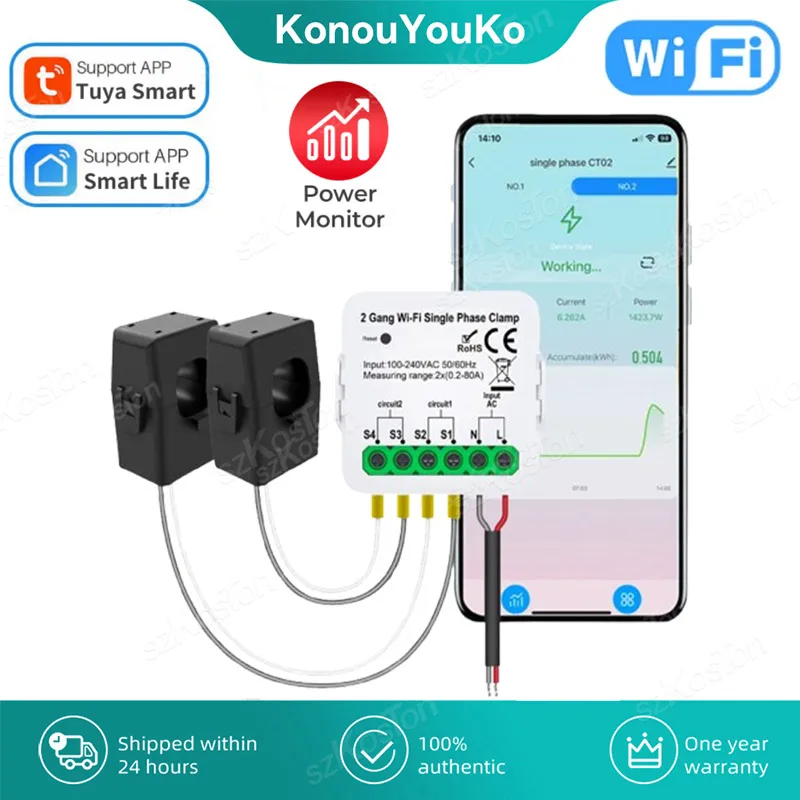 Tuya Wifi Smart Meter Current Transformer Sensor Monitor Power 1/2 Channel for Electrical Lighting Solar KWH Monitor 100-240V