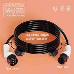 Cable de carga EV portátil 32A 22KW Cable de vehículo eléctrico trifásico 5M tipo 2 IEC62196-2 estación de carga EVSE enchufe hembra a macho