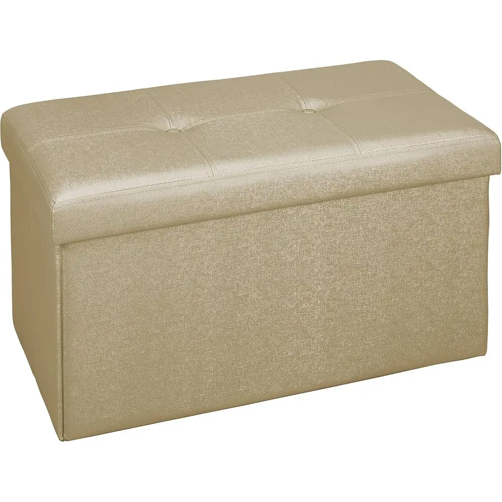 

aux Leather olding Storage Ottoman Double Collapsible Tuted Padded Seating oot Rest | Bench | Metallic Gold