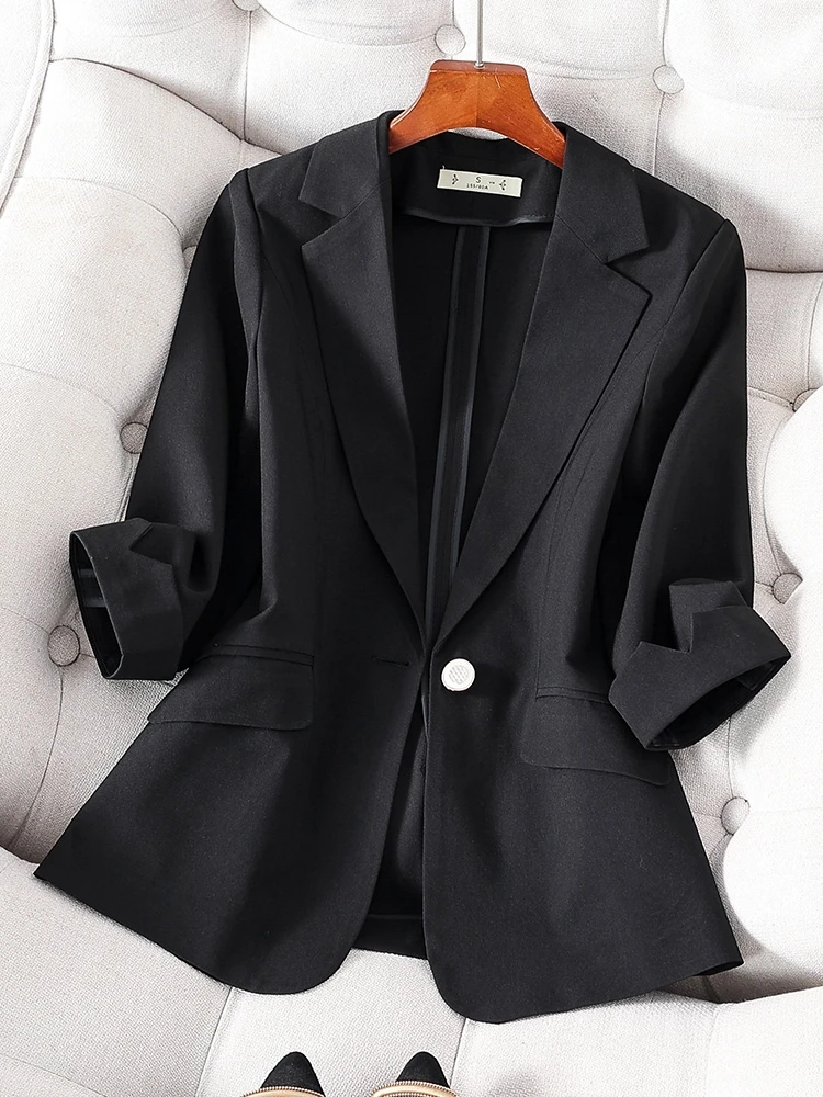 

Black Casual Lightweight Seven-Quarter Sleeve Suit Jacket for Women plus Size Fashionable Pocket Detail Polyester Blend