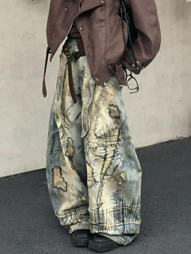 Pantalon en Denim brodé de Style American Street Destruction, surdimensionné, rétro, lavage, personnalité, mode, ample, décontracté, jambes larges