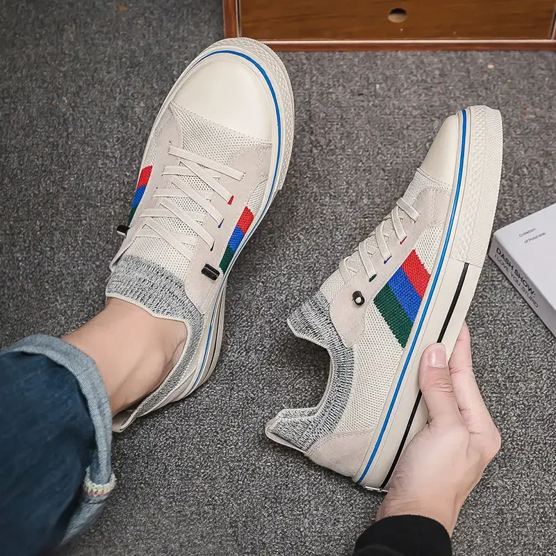 Shoes for Men Casual Shoes Spring Summer Striped Flat Skateboard Shoes Breathable Knit Slip-on Sneakers
