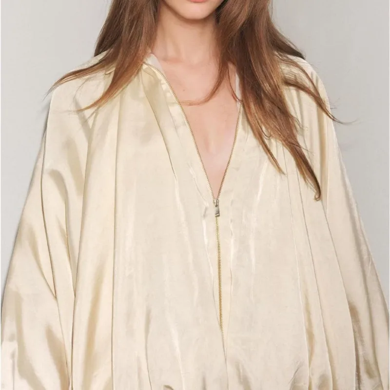 

Fashion Satin Loose Bat Sleeves Puffy Jacket Autumn Women Solid Color Zipper Casual Lapel Long Sleeved Jacket Chaquetas De Mujer