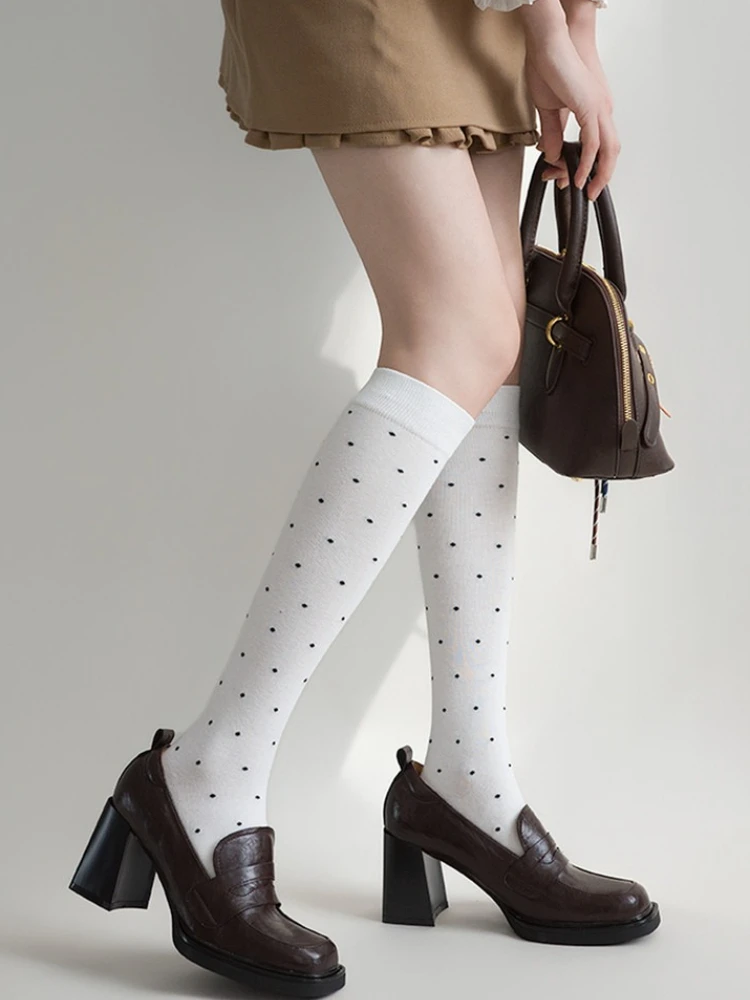 JK Uniform White Cotton Socks Women Vintage Cute Polka Dots Knee-high Sock Compression Sock Fashion Simple Versatile Calf Socks