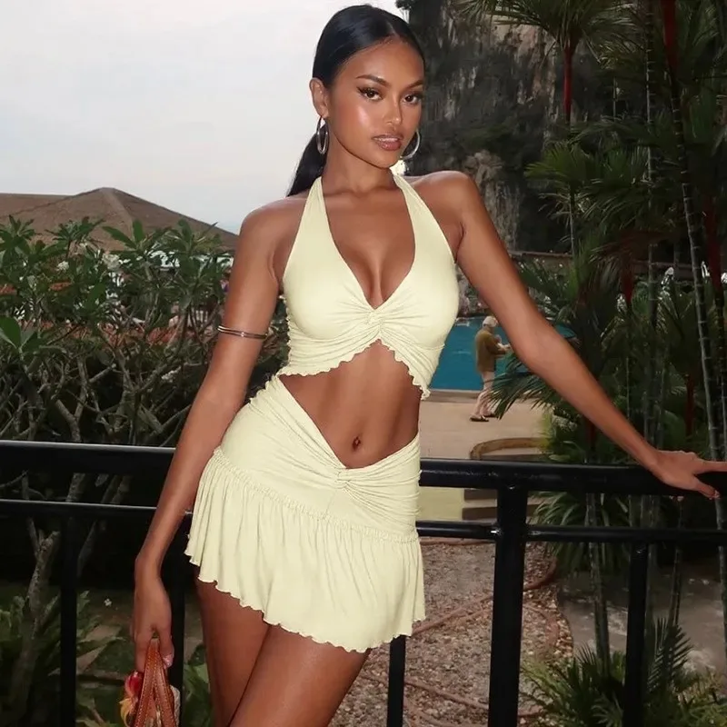 

Women Sexy Twist Halter Top Ruffle Mini Skirt Solid Two Piece Beach Outfit