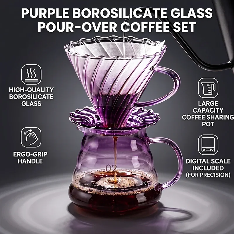 Glass Hand-brewed Coffee Set (Include Gradient Purple Threaded Filter Cup + 600ml Glass Cloud Coffee Pot) Purple Coffee Utensils