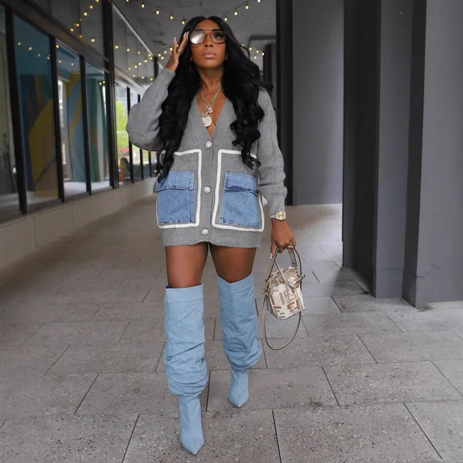 NEW 2026 여성 니트 가디건 데님 패치워크 싱글 브레스티드 버튼 프론트 루즈핏 캐주얼 코트