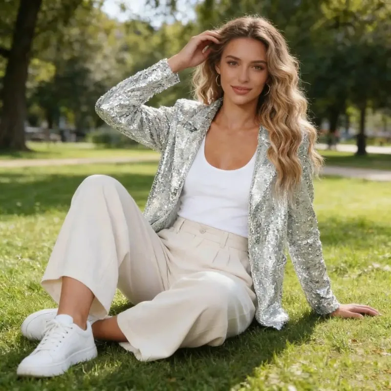Women's Fashion Shinny Sequin Open Front Jacket Top Glitter Cardigan Coat Stage Party Nightclub Costume Disco Rave Outerwear New