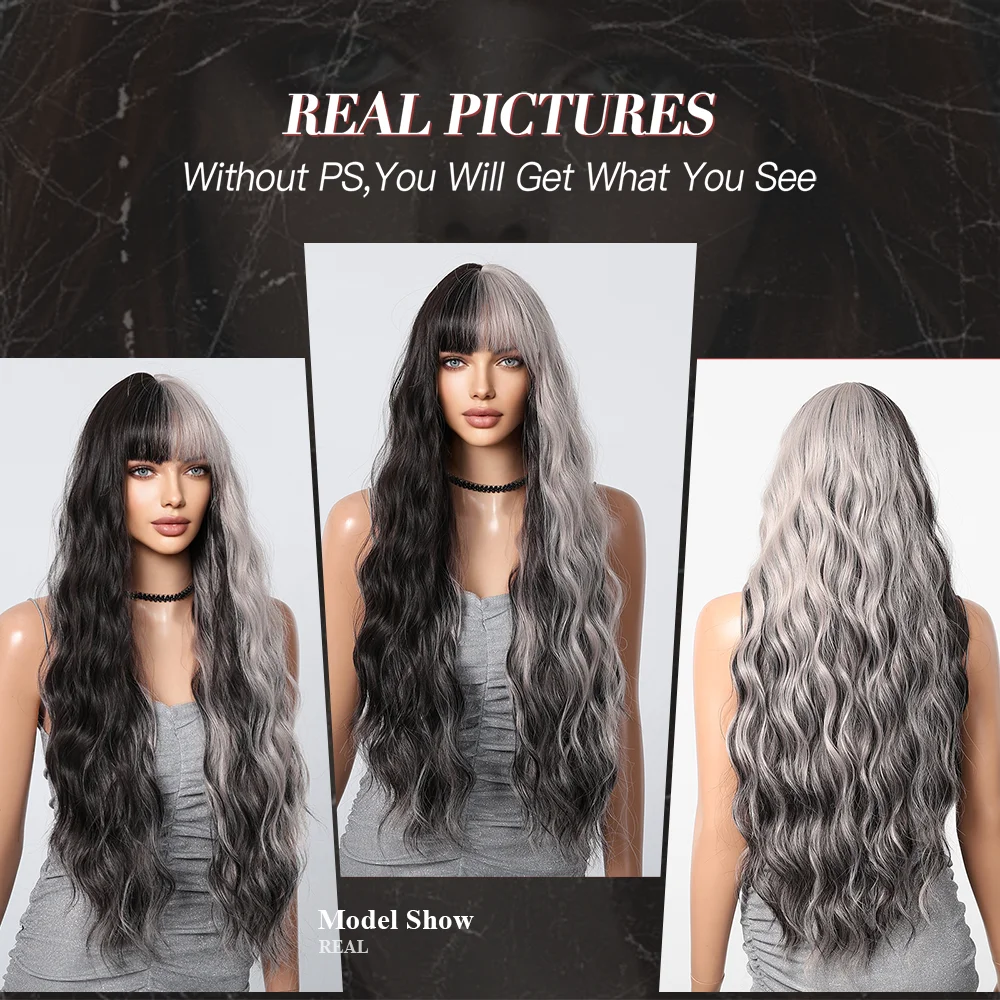 Schwarz Weiß Highlight Lange Lockige Perücke Mit Pony Schwarz Gemischt Grau Weiß Perücke Für Frauen Synthetische Mehrfarbige Cosplay Halloween Perücke