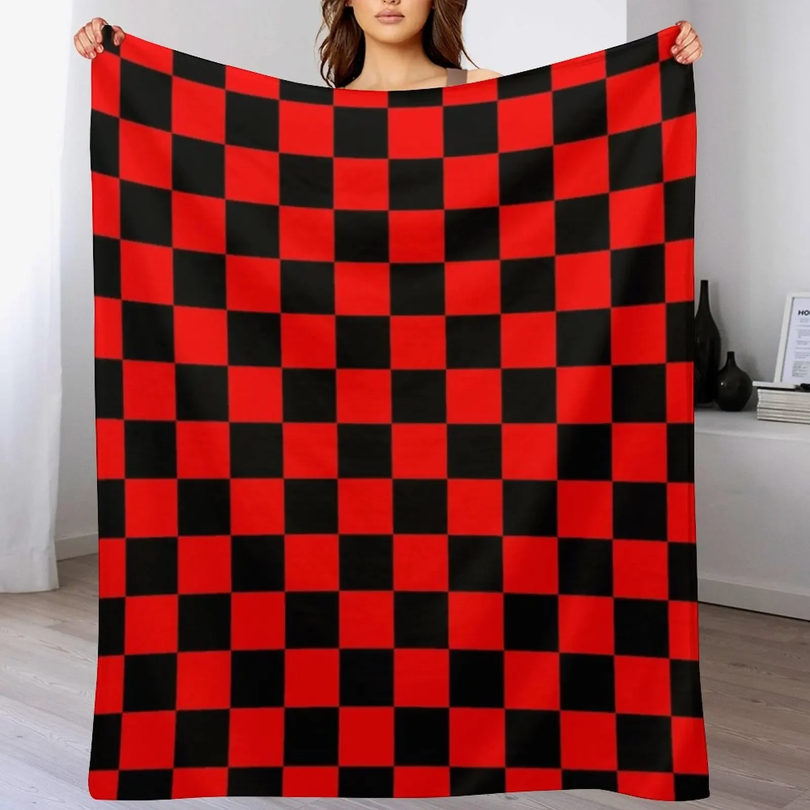 

Black and red checkered Throw Blanket Camping Picnic Luxury Designer Thermal Blankets