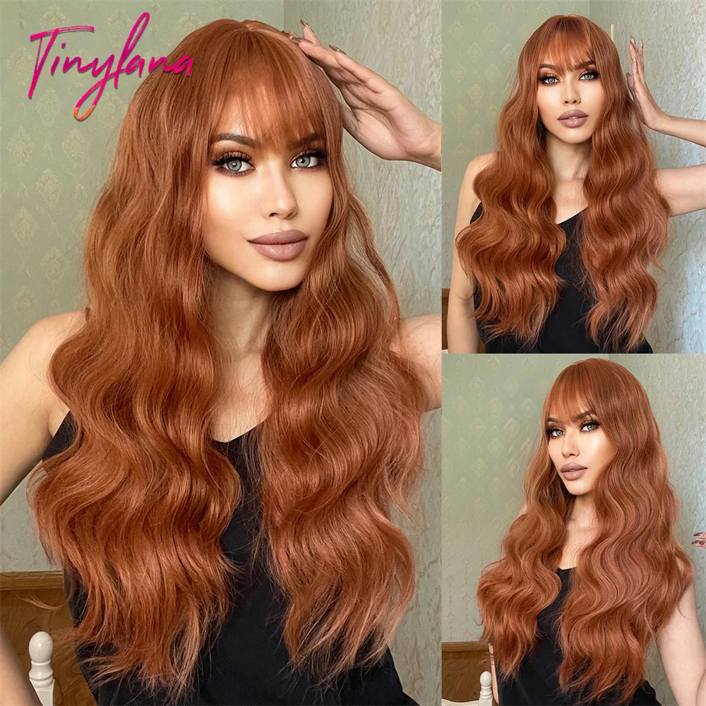 Long Wavy Orange Brown Synthetic Wig with Bangs, Cosplay