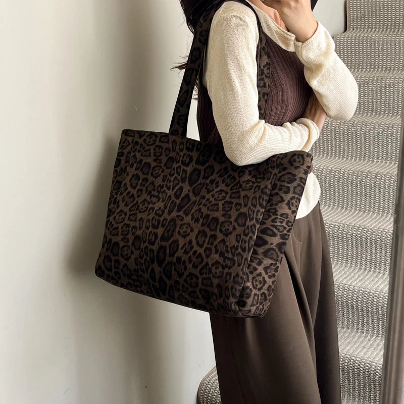 Vintage Suede Leopard Print Tote Women Large Soft Faux Suede Shoulder Bag Solid Retro Daily Commute Shopping Single Hand Bag
