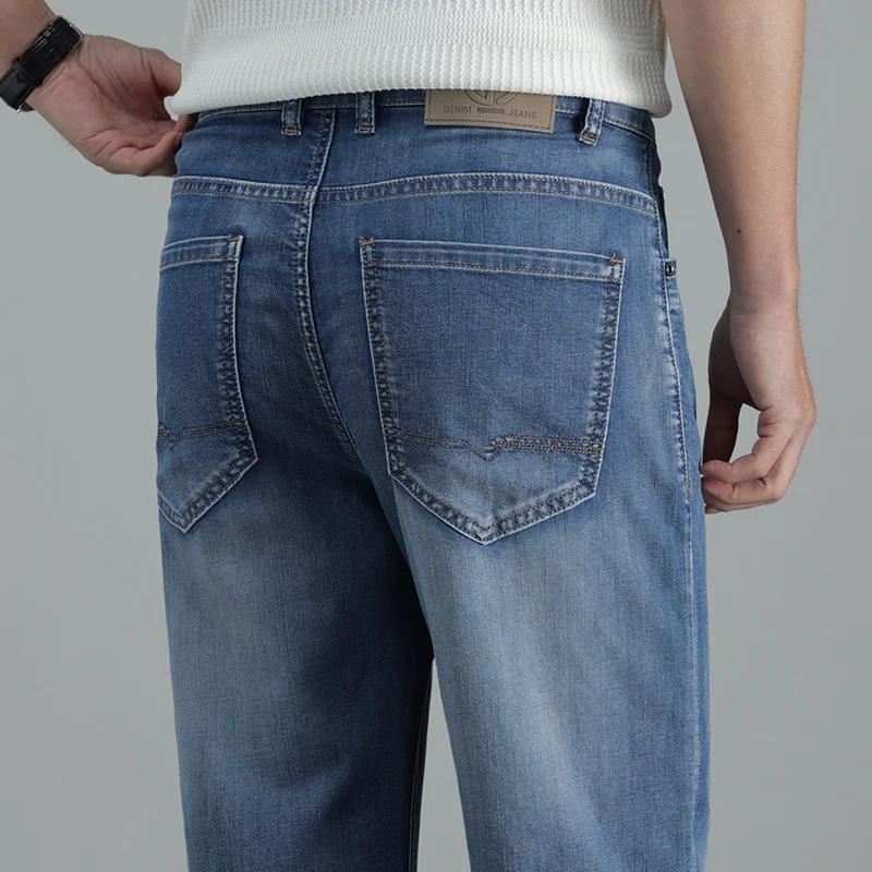 Men's lightweight denim jeans 2026 summer high quality business casual clothing cotton linen men's youth straight thin trousers