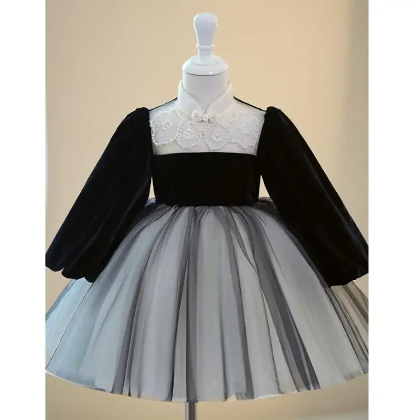 Children's Princess Costume Long Sleeved Pearls Design Wedding Birthday Baptism Party Girls Princess Dress A3165 Vestidos