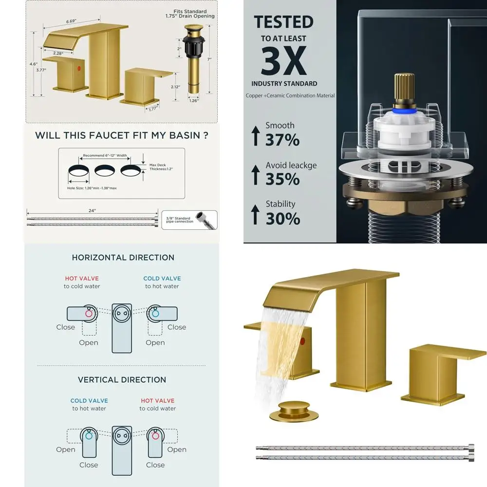 

Широко распространенный смеситель для раковины в ванной комнате с 3 отверстиями из матового золота с 2 ручками, выдвижным сливом и гибкими водяными шлангами для туалетного столика и автофургона.